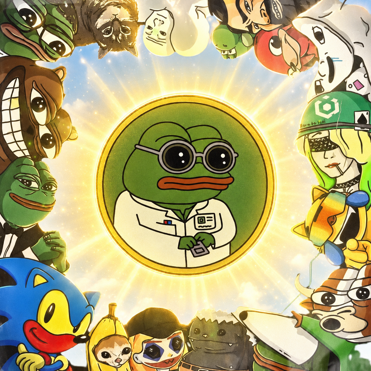 The Memeology emblem: a Pepe researcher haloed in gold, encircled by internet meme characters